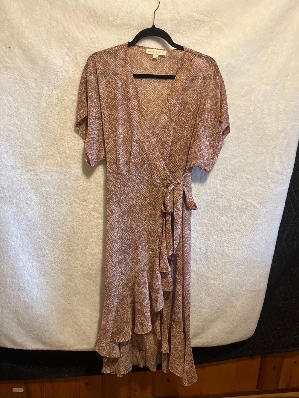 Lovestitch Snakeskin Wrap Dress — Brown/Tan — Size M — Flutter Hem